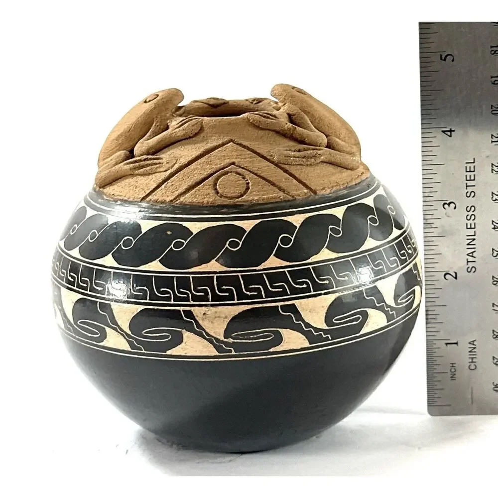 Handmade Costa Rica Pottery Frog Vessel Vase Black Terracotta Folk Art 4.5”